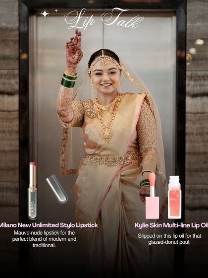 Lip Talk. For the perfect modern-yet-traditional pout, we used a mauve-nude lipstick from Kiko Milano and topped it with Kylie Skin Lip Oil for a glazed-donut finish.