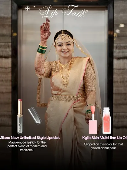 Lip Talk. For the perfect modern-yet-traditional pout, we used a mauve-nude lipstick from Kiko Milano and topped it with Kylie Skin Lip Oil for a glazed-donut finish.