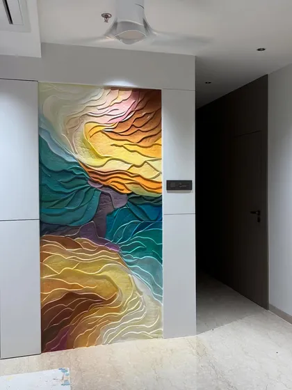 The wave mural installed in a home passageway, turning a simple corridor into a vibrant art feature.