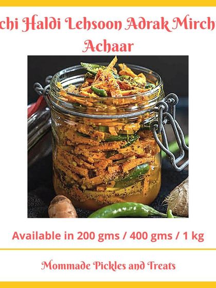 My Kachi Haldi, Lehsoon, Adrak, Mirchi ka Achaar is a powerhouse of health and taste. Made with fresh turmeric, garlic, ginger, and chillies, this pickle is an immunity booster and a delicious condiment, available in various sizes.