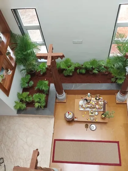 An aerial view of a custom indoor garden I created for a pooja room. This design brings a sense of peace and nature indoors, using a built-in planter with Areca palms and other low-light plants to frame the sacred space.