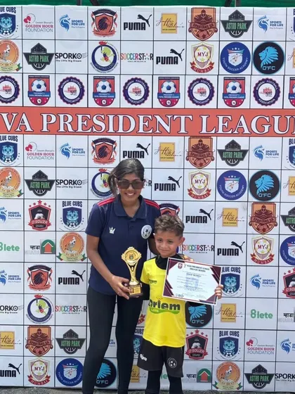 Coach Shruti with our Man of the Match winner, Shaurya, at the Yuva President League. A great achievement for the young player.