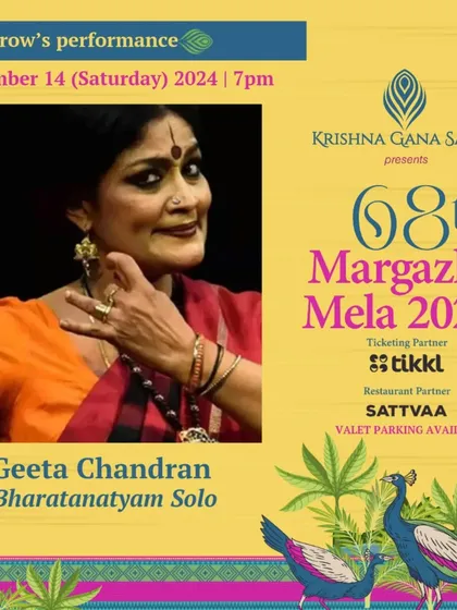 The official announcement for my solo Bharatanatyam performance at the Krishna Gana Sabha's 68th Margazhi Mela, following the Nritya Choodamani award.