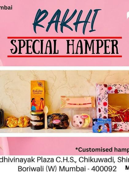 This is an example of my Rakhi Special Hamper. It includes a mix of my signature treats like dessert jars and dry fruit chocolates, all packed together for a perfect festive gift. Custom hampers are also available.