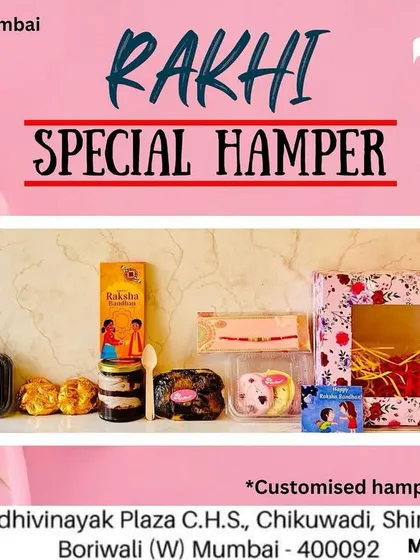 This is an example of my Rakhi Special Hamper. It includes a mix of my signature treats like dessert jars and dry fruit chocolates, all packed together for a perfect festive gift. Custom hampers are also available.