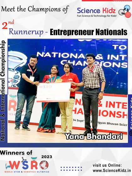 Yana Bhandari on the podium, receiving her 2nd Runner-up award for the Entrepreneur Nationals at WSRO 2023.