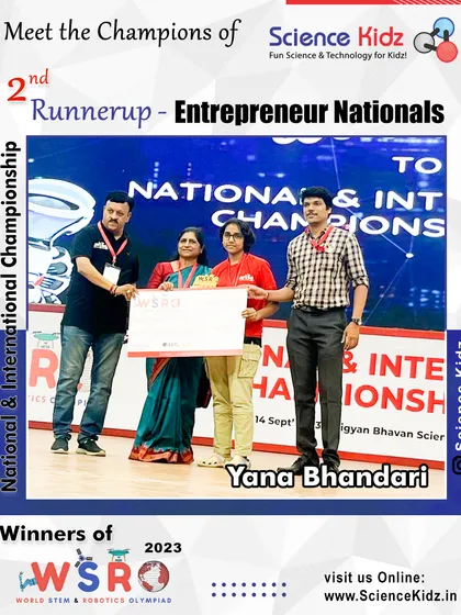 Yana Bhandari on the podium, receiving her 2nd Runner-up award for the Entrepreneur Nationals at WSRO 2023.