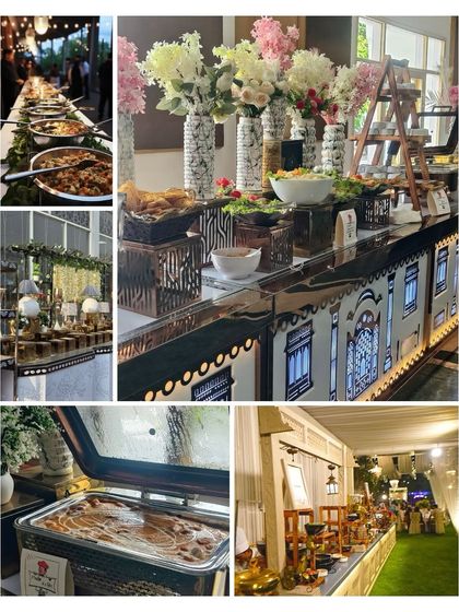 This collage captures the essence of our luxury wedding catering. It shows our elaborate buffet designs, fresh floral arrangements, and a variety of dishes, promising a complete and elegant dining experience.
