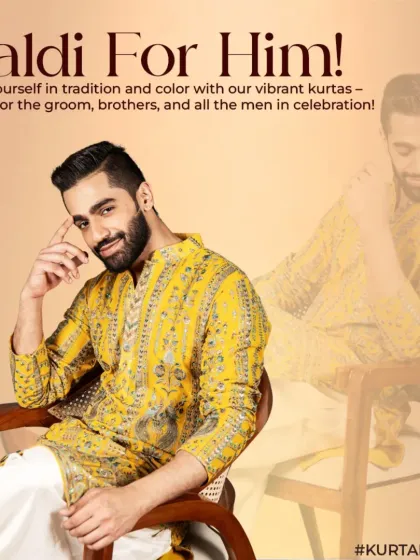 Your Haldi ceremony deserves a splash of vibrant tradition. Our 'Haldi for Him' collection features stunning yellow kurta sets, ensuring the groom and his crew celebrate in style and comfort.