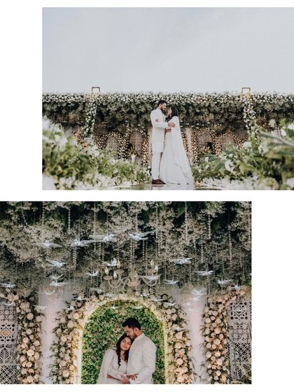 A collage showing the beautiful white floral decor and the couple's portraits at their elegant engagement party.