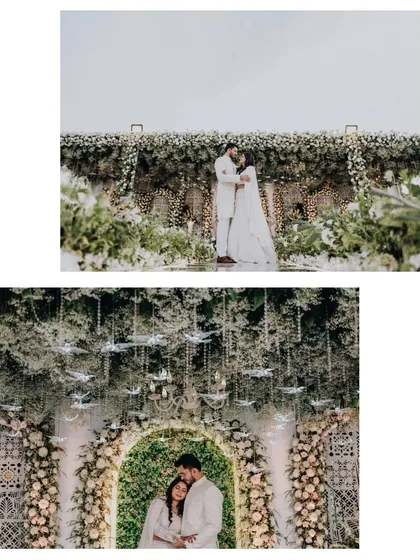 A collage showing the beautiful white floral decor and the couple's portraits at their elegant engagement party.