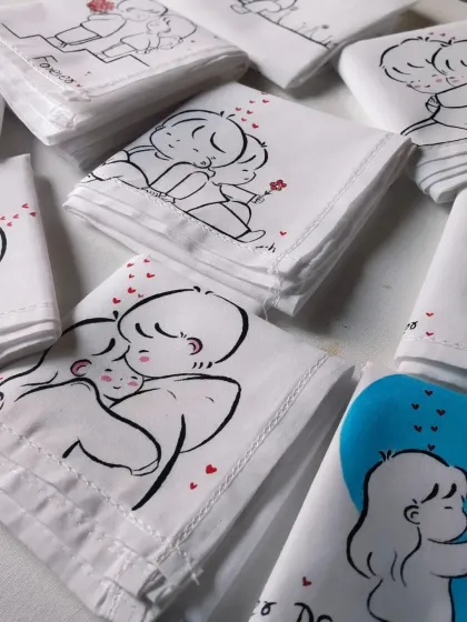 Another look at my collection of hand-painted doodle handkerchiefs. You can see the variety of cute and romantic scenes I can create.