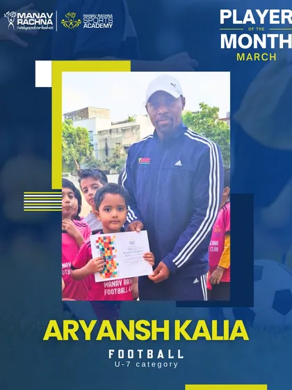 Aryansh Kalia, our Football Player of the Month for March (U-7). We celebrate his energy and love for the game.