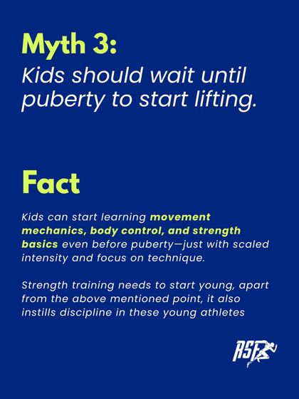 Myth: Kids should wait until puberty to start lifting. Fact: Children can and should start learning movement mechanics and body control long before puberty. We focus on technique with scaled intensity.