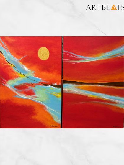 This is the 'Cosmic Symphonies' diptych, created for a client who wanted a piece that reflected abundance. The swirling reds, oranges, and blues represent the beauty of the cosmos and the infinite possibilities life has to offer.
