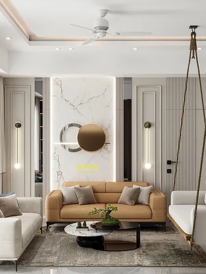 A key feature of this living room is the two-seated swing, which adds a touch of playful relaxation to the elegant European-inspired design. The wall paneling with trim moldings and tinted mirrors provides a sophisticated backdrop.