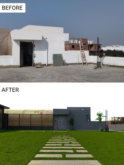 From a stark white structure to a lush green landscape. We extended the lawn, added a stepping stone path, and used bamboo screening to create a more natural and private environment.