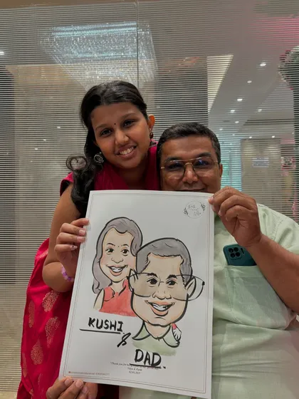 A heartwarming father-daughter caricature, drawn live at a family gathering. It's a wonderful memento of their special bond.
