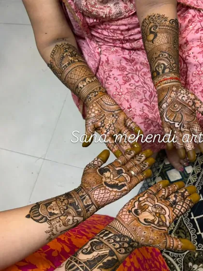 Two sets of hands, likely for the bride's sisters or close friends, with coordinated but not identical designs.