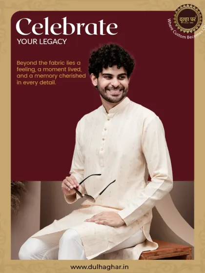 Celebrate your legacy. A model in a classic off-white kurta, holding sunglasses, embodies a timeless and thoughtful style.