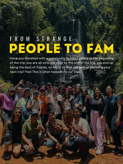 From strange people to fam. A large group photo in front of a waterfall. This is what happens on my trips; you start as strangers and end as a family.