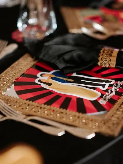 Every detail matters. This custom place setting from a wedding in Turkey features a fun, personalized graphic, adding a playful and unique element to the dining experience.
