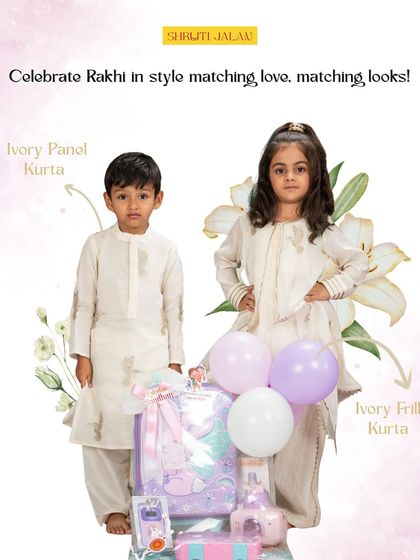 For a soft and elegant Rakhi look, I designed this ivory sibling set. The boy's panelled kurta and the girl's frill kurta are crafted from the same luxurious fabric, creating a timeless and coordinated style.