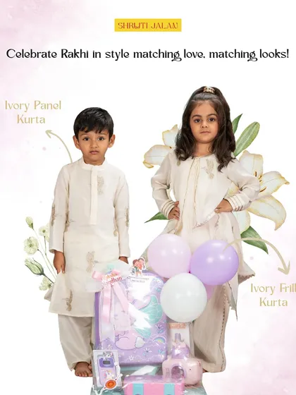 For a classic and elegant look, I designed this ivory twinning set. The boy's panelled kurta and the girl's frill kurta are subtly detailed for a sophisticated Rakhi celebration.