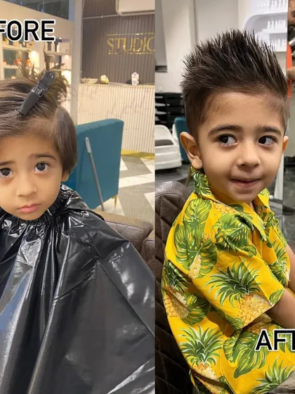 We love pampering our youngest clients too. This before-and-after shows a fun and stylish haircut for a little one, done with care and precision by our expert stylists.
