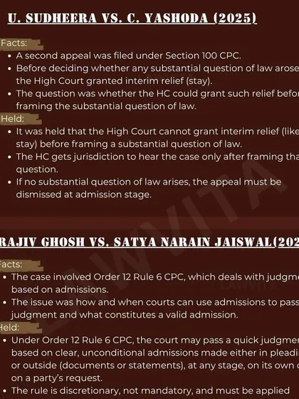 A summary of two landmark judgments from 2025, U. Sudheera vs. C. Yashoda and Rajiv Ghosh vs. Satya Narain Jaiswal. Understanding case law is fundamental to legal practice.