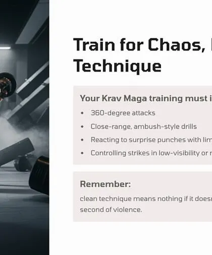 You must train for chaos, not clean technique. My training includes 360-degree attacks, close-range ambush drills, and reacting to surprise punches in limited space. Clean technique means nothing if it doesn't survive the first half-second of violence.
