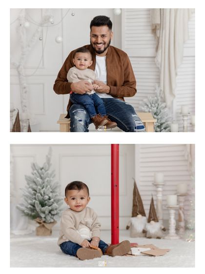 A collage of a father and son, and the baby boy exploring the Christmas set.
