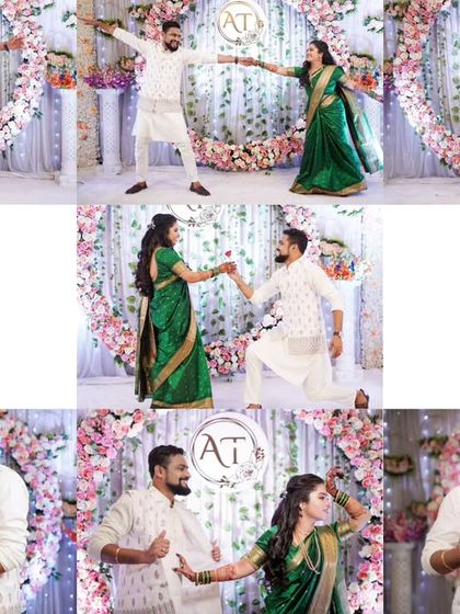 A collage of fun and romantic moments from a Sangeet performance, capturing the couple's energy and joy.