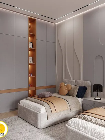 A view of the custom wardrobe with an integrated open shelving unit in a contrasting wood finish.