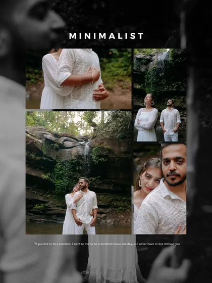 A minimalist black and white collage that beautifully summarizes a nature-based pre-wedding shoot. It highlights the quiet, intimate, and emotional moments of the day.