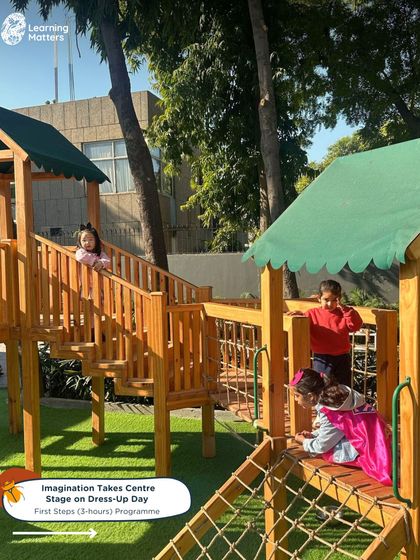 Our wooden playground becomes a castle, a pirate ship, or a superhero base during dress-up day. Outdoor play encourages large-motor-skill development, risk-taking, and collaborative imaginative scenarios.