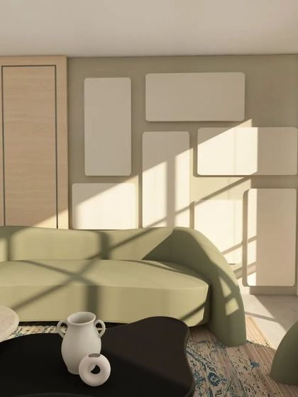 This 3D design for a contemporary living room plays with shapes and light. The curved sofa and abstract wall panels create a lot of visual interest.