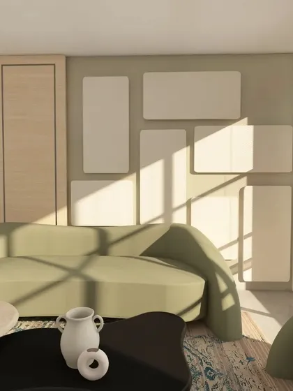 This 3D design for a contemporary living room plays with shapes and light. The curved sofa and abstract wall panels create a lot of visual interest.