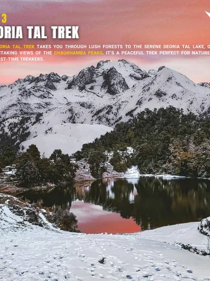 The magical Deoria Tal lake, perfectly reflecting the Chaukhamba peaks. This peaceful spot is part of our itinerary, offering a serene contrast to the high-altitude trek.