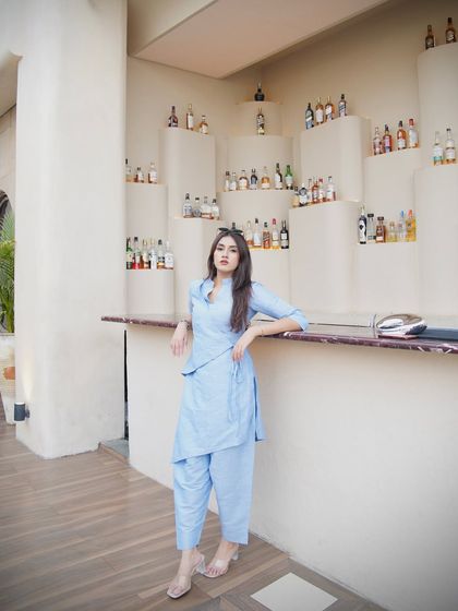 Timeless fashion in a powder blue co-ord suit from GoSooti. This look is effortlessly elegant and perfect for a daytime event.