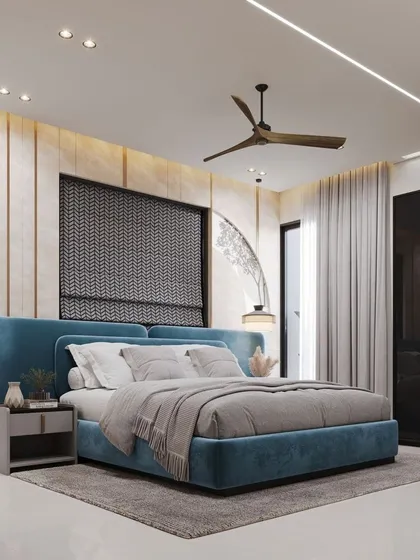 A 3D concept of a bedroom with a large, blue upholstered headboard and a unique wall treatment featuring a patterned blind and an arched art piece. The design is both modern and artistic.