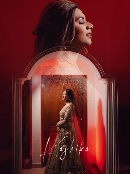 A creative double-exposure portrait of the bride, Kashika. The red background and layered images create a bold and artistic pre-wedding photo.