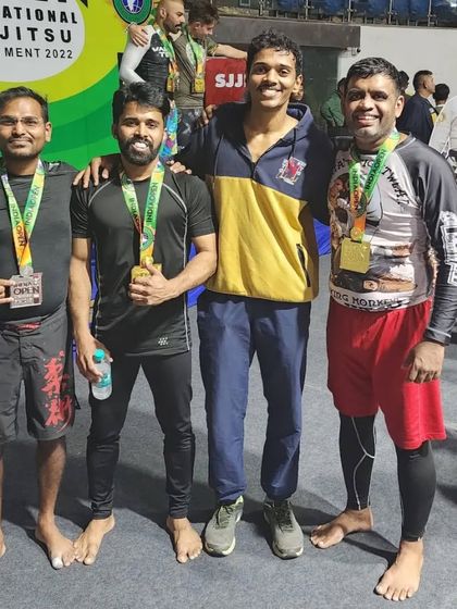 Pictures with friends and training partners at the SJJIF India Open tournament. We train together and support each other in competition.