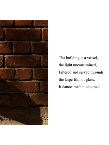 The building is a vessel for unconstrained light. Here, sunlight filters through a large window, dancing across an exposed brick wall and bringing the space to life.