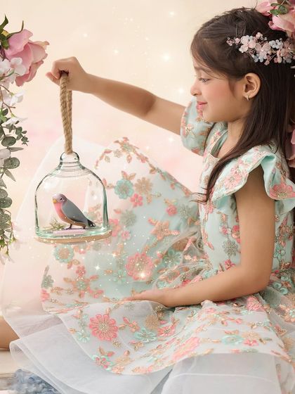 A curious moment as a young girl in a floral dress examines a bird in a glass cloche. This image showcases our attention to detail in creating narrative-driven, whimsical portraits.