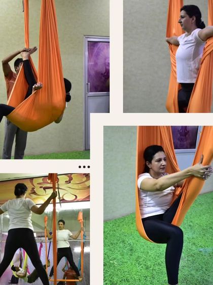 This collage shows the journey of learning aerial yoga. From simple seated stretches in the hammock to more complex supported poses, we guide you every step of the way.