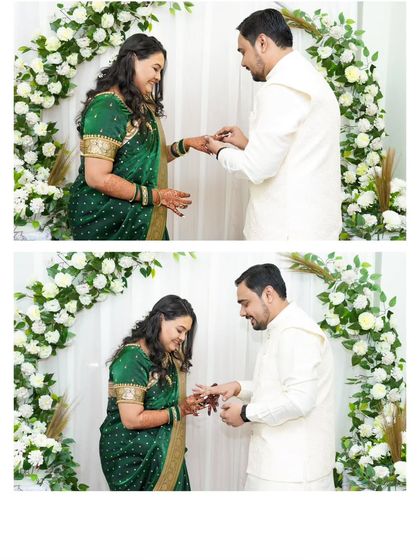 A two-photo sequence showing the moment the groom puts the ring on the bride's finger.