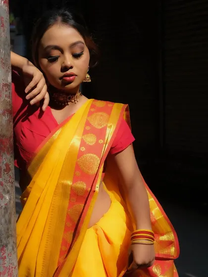 This look captures a soft, sun-kissed traditional style. The makeup is subtle, with a warm smokey eye and a soft red lip that complements the yellow and red banarasi saree.