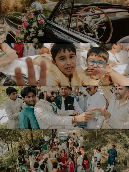 The Baraat is full of energy, and we capture it all. This collage shows the groom's procession with friends and the excited faces of the children enjoying the festivities.