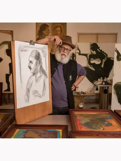 An environmental portrait of the legendary artist Jatin Das in his studio, surrounded by his work. This session highlights my approach to capturing professionals within their creative spaces, telling their story through their environment.